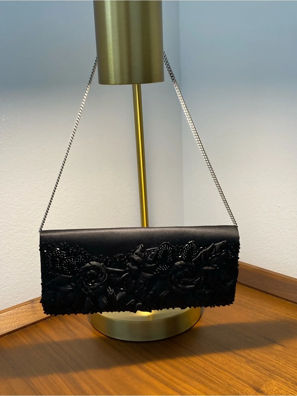 Black Floral Appliqué Evening Clutch with Chain Strap